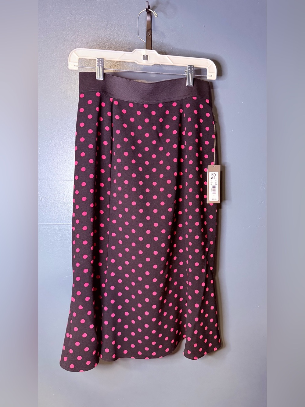 eva mendes for New York & Company Black Midi Skirt with Pink Polka Dots